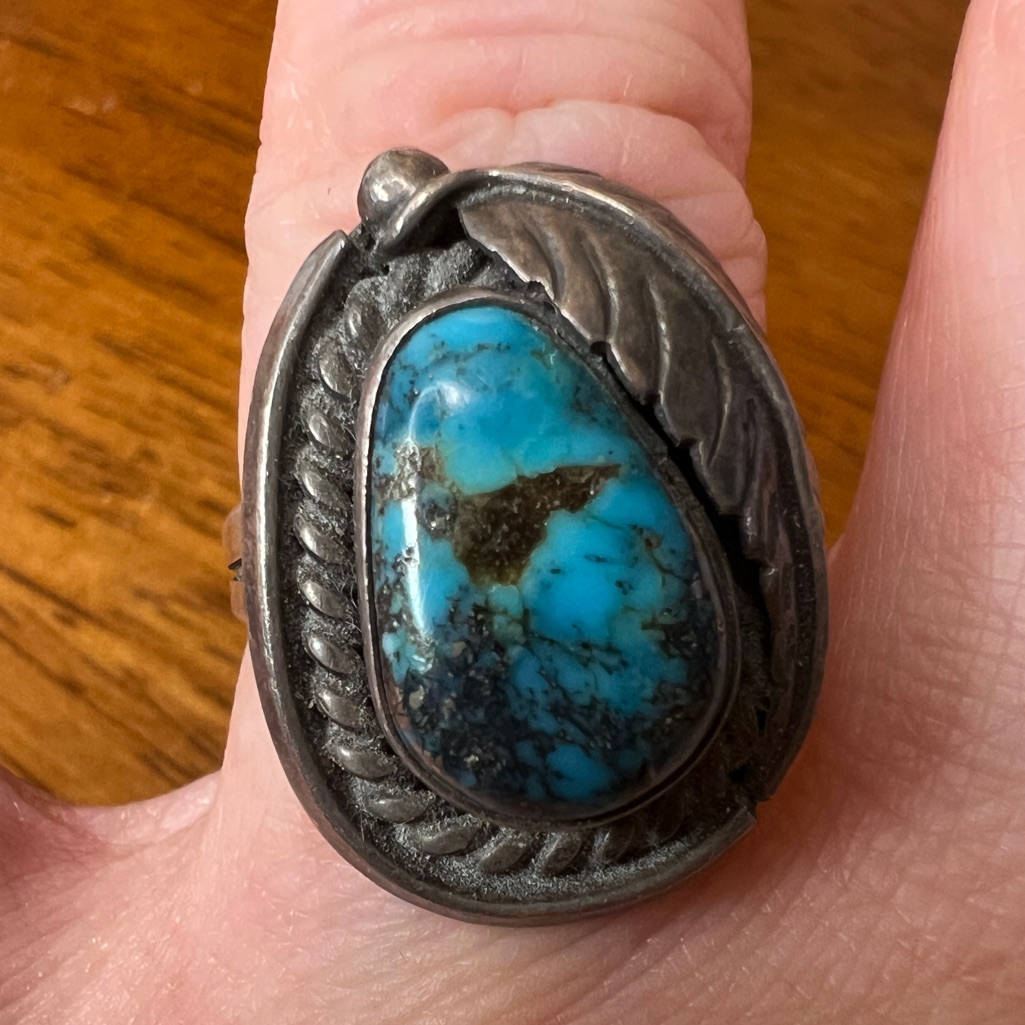 Turquoise Teardrop With Feather Sterling Silver 925 Ring, Size 7